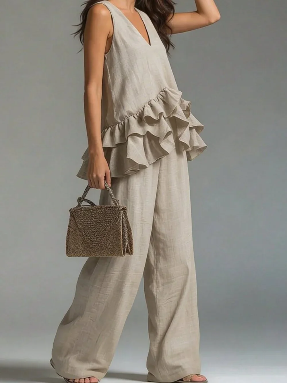 Khaki Boho Women's Ruffle Hem V-Neck Top And Loose Pants Set - Picture 4 of 6
